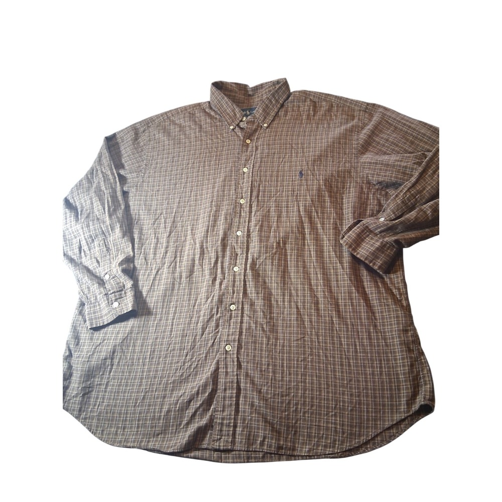 RALPH LAUREN POLO BUTTON UP Checkered Shirt Size Mens 2XB XXL Big Brown Check